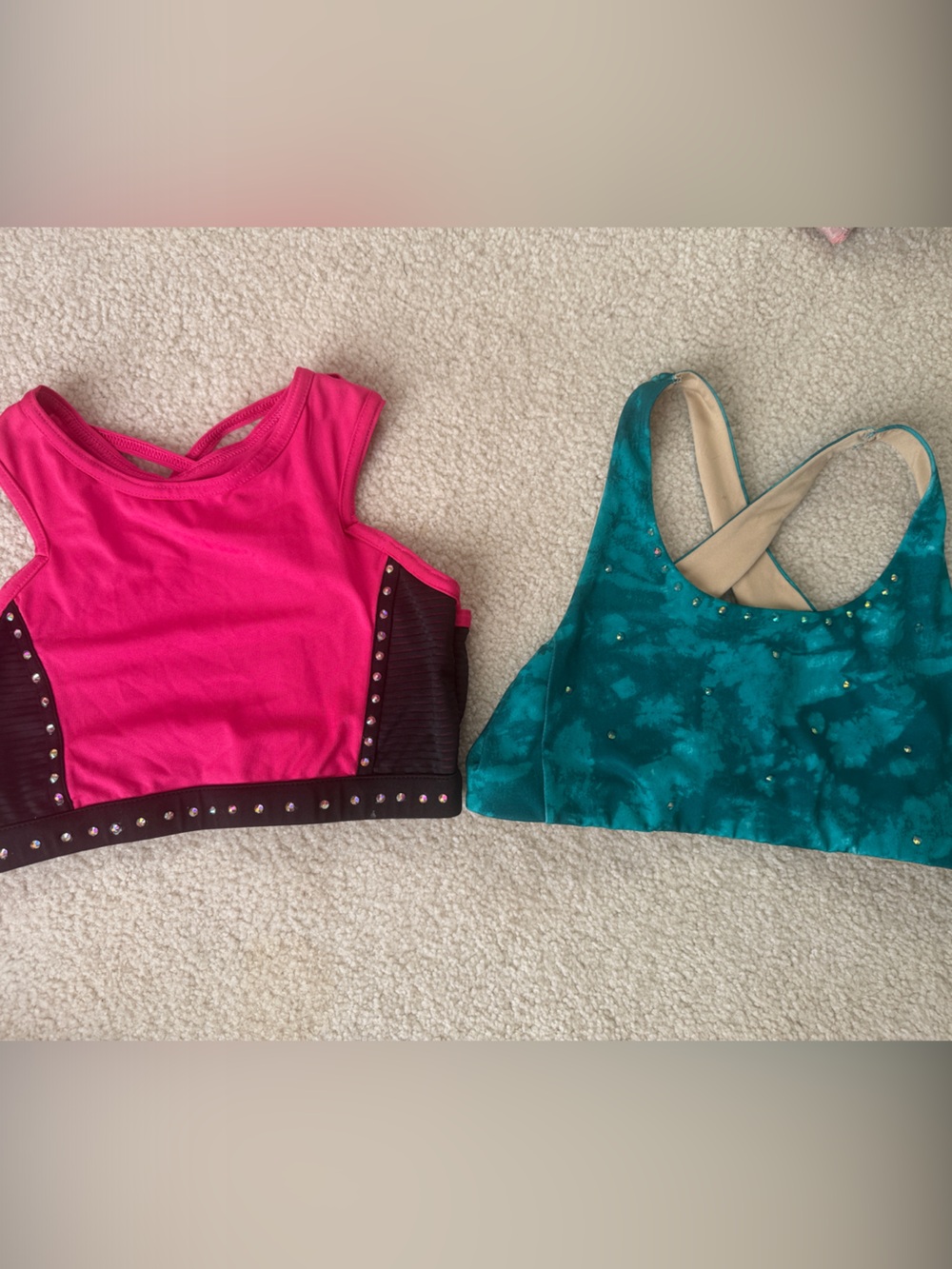 Girls size 14. Dance tops with custom rhinestones added. Teal is from Old Navy